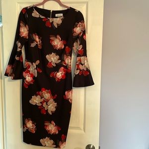 CALVIN KLEIN (Size 4) Black Floral Cocktail Dress with Sleeves